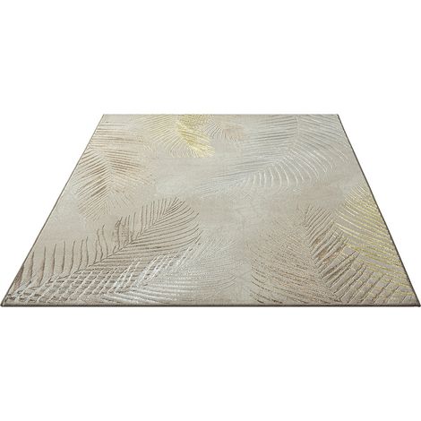 FLOORNOVO Hochflor Teppich Beige Blattmuster - 170 x 120 cm - Besonders Weicher Teppich Wohnzimmer & Badezimmerteppich - Pflegeleicht - vielseitig einsetzbar im Innenbereich (1/2)