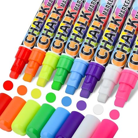 Lot de 8 marqueurs à craie pour tableau blanc - Marqueurs pour fenêtre - Lavable - Pointe réversible - 10 mm - Colorés - Pour fenêtre - Craie fluo - Pour verre (1/5)