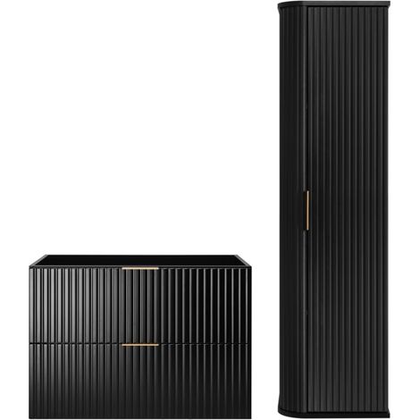 Rodan Badmöbel Set Schwarz Matt, Waschbeckenunterschrank 46 x 80 x 57 cm und Hochschrank 35 x 139 x 31 cm, feuchtraumgeeignet