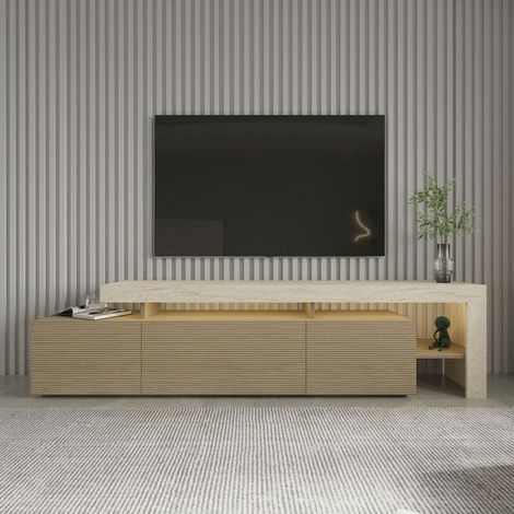 Meuble TV 3 portes décor bois travertin cadre ouvert AURA