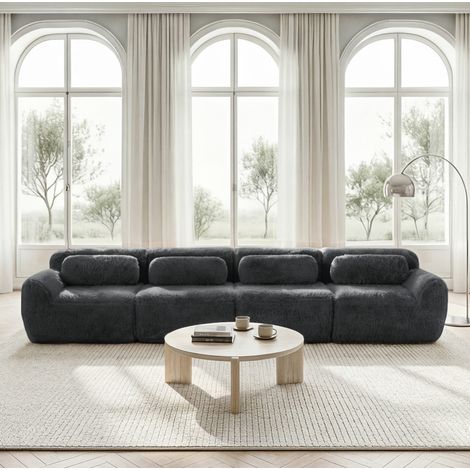 Sofá modular de 4 plazas en tejido de peluche, base antideslizante, gris, 378 x 104 x 73 cm (1/5)
