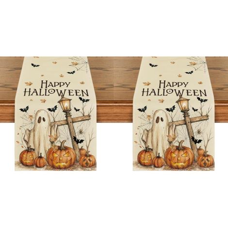 Camino de mesa de Halloween, decoración de mesa para el hogar y fiestas, 33 x 183 cm, fantasmas, cruces, calabazas, murciélagos (2 piezas) (1/5)