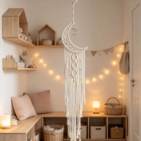 Suspension Murale Tissée en Macramé Bohème, Croissant de Lune décoration Murale Bohème en Coton Boho Décoration Soleil Lune Étoile Chic Art Décor pour Fille Cadeau (1/5)