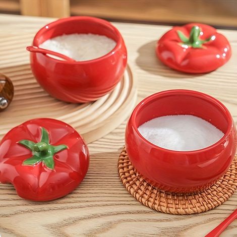 Pot à épices en céramique en forme de tomate avec couvercle, récipient décoratif pour le sel et le sucre, cadeau (1/5)