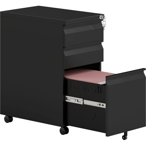 3-Drawer Steel Filing Cabinet with Lock and Wheels - Black