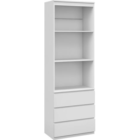 Libreria alta 180 cm con 3 ripiani e 3 cassetti, 60 x 35 x 180 cm, legno bianco