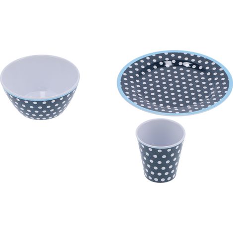 Ensemble de 12 pièces de vaisselle à pois bleu foncé : tasse, bol à salade, assiette, pour la maison et le restaurant. (1/5)