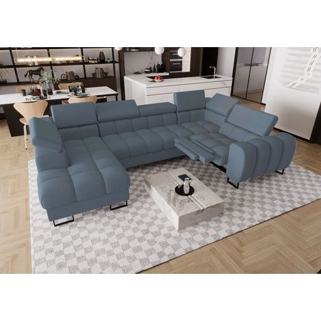 Wohnlandschaft Schlafsofa BASTIEN RELAX in Stoff Gemma Blau Ottomane Links