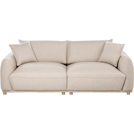 Sofá moderno tres plazas de tela con cojines decorativos patas de madera beige Jubek