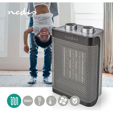 Termoventilatore in ceramica 2 livelli di riscaldamento livello aria fredda protezione inclinazione protezione surriscaldamento, cavo 150 cm, LxAxP 15x9,2x21 cm, Nedis HTFA16GY (1/5)