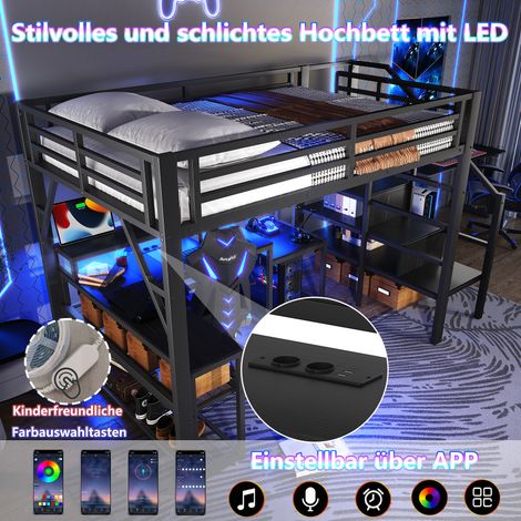 Lit minuit 140×200 cm fer noir,rangement,escaliers,rampe sécurité,LED,bureau et port USB,cadre métallique sans matelas