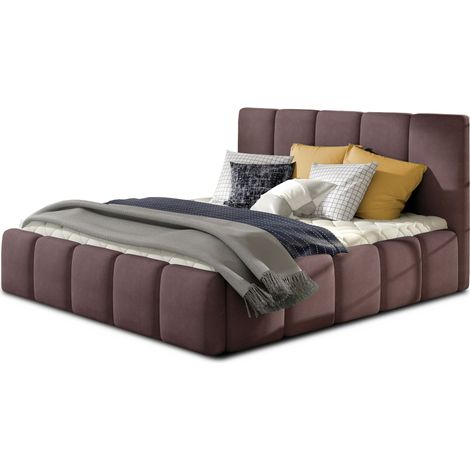 Lit adulte avec coffre de rangement Vika – Tissu capitonné-Marron-180x200 (1/5)