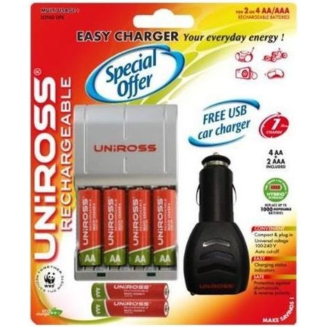 Uniross Caricabatteria Rapido 4 Stilo 2 Ministilo con Adattatore Auto Compatto