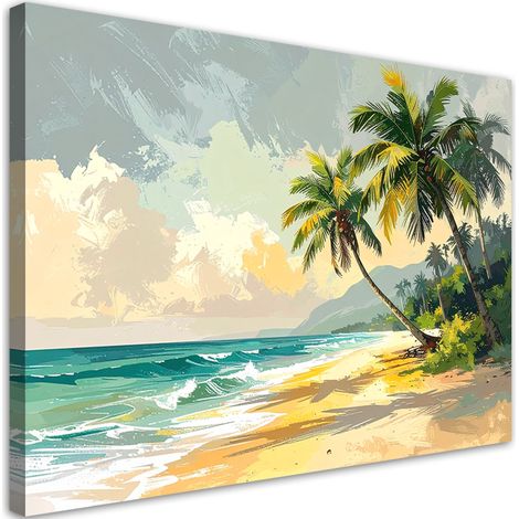 Impression sur Toile, Paysage pastel de plage tropicale palmiers style bohème,30x20 (1/4)