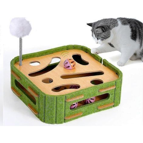 Interaktives Katzenspielzeug aus Holz, Intelligenzpuzzle mit Leckerli-Spender und Spiralfeder, ideal für Kätzchen und ausgewachsene Katzen. (1/5)