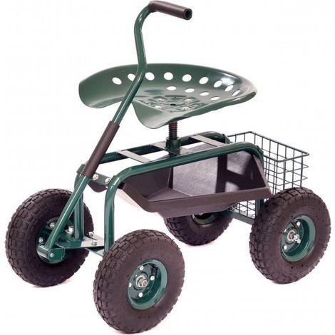 Oypla Outdoor Rolling Garden Seat Wheeled Stool with Tool Tray & Basket