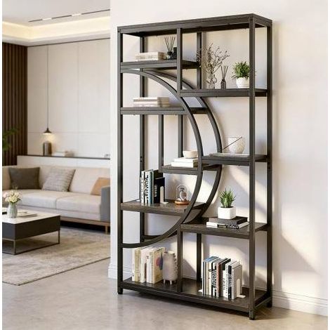 Bibliothèque sur pied géométrique noire en métal et bois, 9 niches, 95 x 30 x 175 cm (1/5)