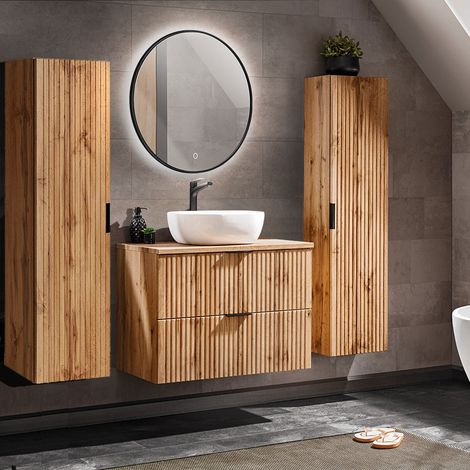 Badmöbel Komplett Set Wotaneiche mit Rillenoptik ADELAIDE-56 LED-Spiegel & Waschtisch mit Keramikbecken, 2 Hochschränke (1/5)