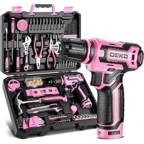 boite a outils complete 133 pièces - PRO Mallette à outils rose pour réparations domestiques et bricolage, avec perceuse visseuse électrique 12 V pour percer et serrer/desserrer les vis (1/5)