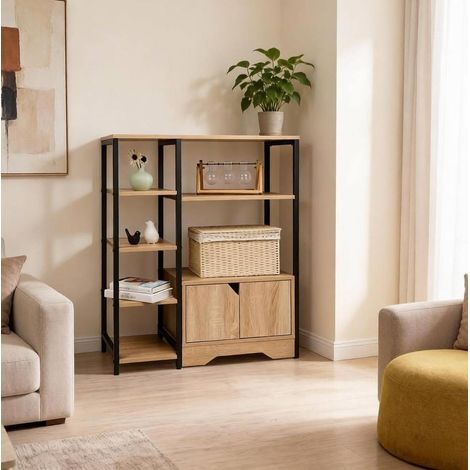 Librería 2 en 1 con estantes, mueble compacto, 80 x 35 x 97 cm, roble claro OKMYHOME (1/5)