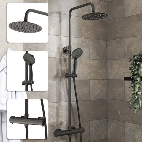 Acezanble Bathroom Thermostatic Mixer Shower Set Round Matte Black Twin Head Exposed Valve