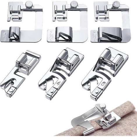 6-teiliges Set aus Edelstahl-Rollsaumfüßen für Nähmaschinen: 3 breite Rollsaumfüße (4/8", 6/8", 8/8") und 3 schmale Rollsaumfüße (3/4/6 mm) für Brother und Singer