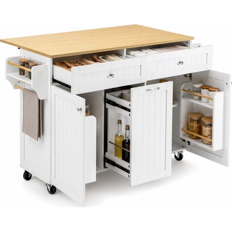 ELVMI Isla de cocina con puertas, 2 cajones, encimera abatible, ruedas, soporte para toallas, cocina, 140×40-70×92 cm (1/5)