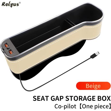 (Beige à droite) Boîte de rangement lumineuse LED colorée pour siège auto, avec 2 ports USB à charge rapide, compartiment pour gobelet, téléphone et cartes. (1/5)