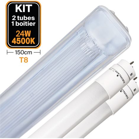 Europalamp – Kit de 2 tubes LED T8 23W 150cm blanc neutre – Boîtier étanche IP65 – Économie d'énergie jusqu'à 80% – Allumage instantané