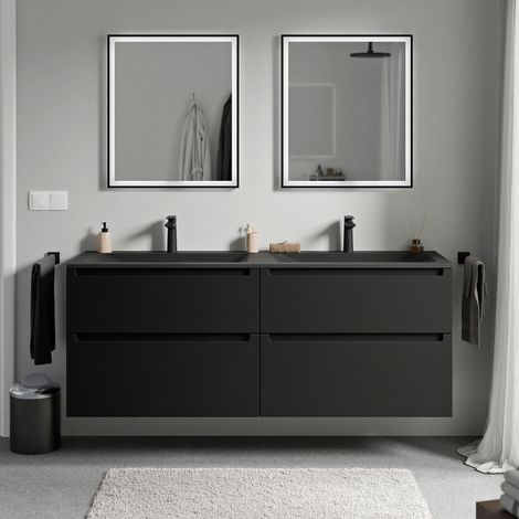 Unterschrank Bernstein VIREO 160cm mit Mineralguss Waschbecken CREAM Badmöbel: Schwarz matt, Waschbecken: Schwarz matt mit Hahnloch