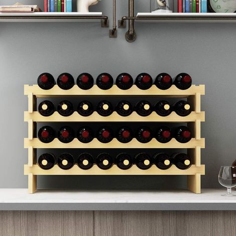 Casier à Vin Empilable Étagère à Vin Porte-Bouteilles à 4 Niveaux pour 32 Bouteilles, Étagère de Rangement de Vin en Pin (1/5)