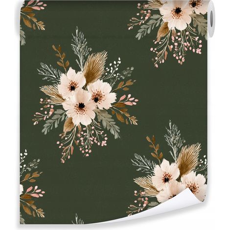 Papier peint fleurs boho vintage feuilles sur molleton mur salon chambre  coucher (1/3)