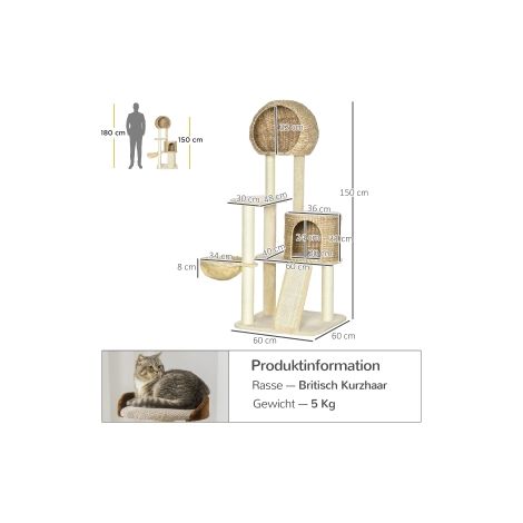 Arbre à chat beige en rotin avec maison, plateformes, hamac et rampe, protection anti-basculement pour salon et chambre (1/5)