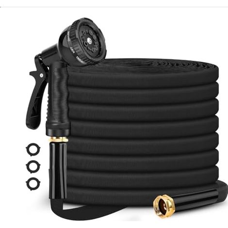 Tuyau d'arrosage, tuyau d'eau noir léger et flexible avec buse et raccords en laiton étanches - un tuyau robuste anti-nœuds adapté aux jardins, pelouses, voitures et camping-cars. (1/5)