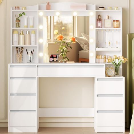 Coiffeuse enfant 100 cm avec 8 tiroirs – Grand miroir avec éclairage RGB-LED – Rangement intégré pour bijoux – Bureau blanc