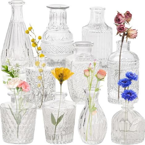 Lot de 10 petits vases en verre pour décoration de table - Mini vases vintage en verre - Petit vase à fleurs - Vase à bourgeons pour décoration de table - Décoration de mariage - Transparent (1/5)