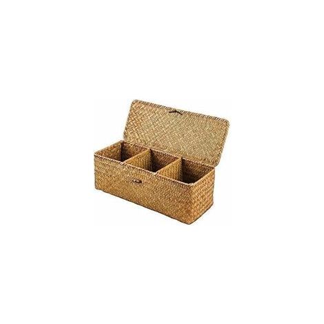 Panier de rangement rectangulaire avec couvercle en rotin - Boîte de stockage multifonction pour le salon et la chambre - Organiseur à compartiments pour mouchoirs, collations et jouets (1/5)
