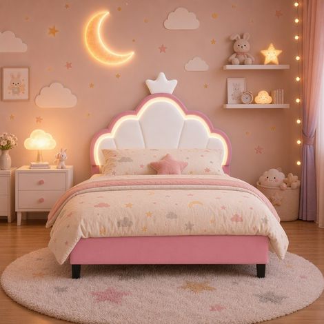 Lit enfant fille 90x190 cm - Tête de lit capitonnée avec LED réglable - Cadre de lit un place avec sommier à lattes - Style scandinave - Tissu en velours - Rose (1/5)