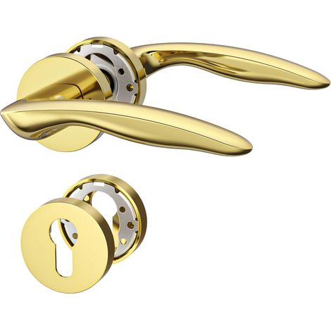 Poignée de porte intérieure or brillant avec rosace ronde, ensemble béquille PZ avec cylindre européen, design moderne pour portes d'entrée et intérieures UK0099 (1/5)