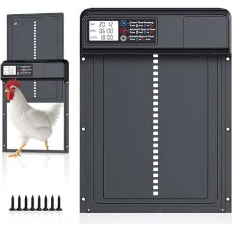 Porte Poulailler Automatique Batterie avec Écran LCD Étanche, Porte Automatique Poulailler en Aluminium avec Minuterie, Fonction Anti-pincement, Avertissement de Batterie Faible