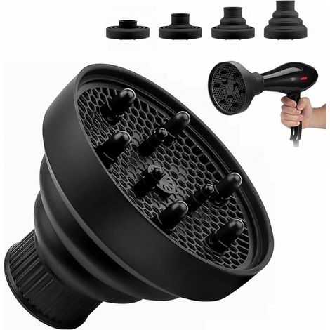 Diffuseur Seche Cheveux Universel,Diffuseur Cheveux Bouclés Pliable,Diffuseurs de Cheveuxs Universel,Diffuseurs Seche Cheveuxs Silicone,Portable Convient pour Séchoir,Noir (1/5)