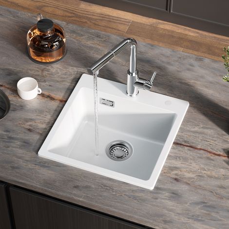 Lavello in granito 45 x 45 cm CECIPA MAX, in resina, colore bianco, piccolo lavello da cucina, da incasso, completo di sifone, piletta di scarico e troppopieno (1/5)