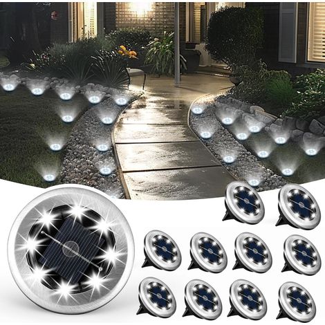 Lot de 10 lampes solaires encastrées au sol rondes, lumière blanche, cadre acier inoxydable, diamètre 7 cm (1/5)