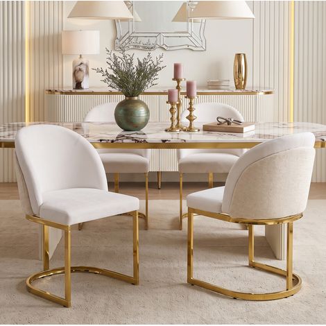 Juego de 2 sillas de comedor, respaldo doble, asiento acolchado, metal galvanizado, chenilla beige y dorado (1/5)