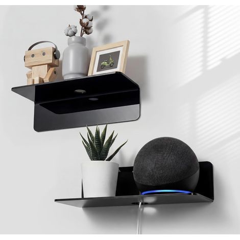 Etagere Murale Noire Lot de 2, Espace Mural Extensible sans dommage - 22,9cm etageres murales en Acrylique pour Haut-Parleur Intelligent, Figurines d'action, Kamera, avec 4 Clips Câble (1/5)
