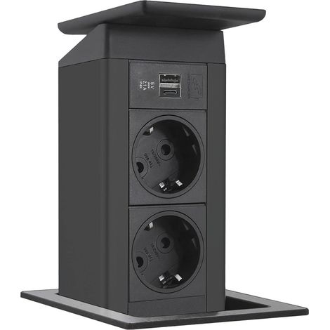 EVOline 159311010800 Porta Push nero 2 X Charger Coperchio basculante in acciaio inox, 2x Schuko, USB-A, USB-C, Edelstahl