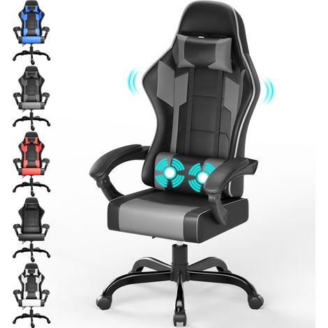Fauteuil gaming DEVOKO - Fauteuil gaming ergonomique inclinable - Avec repose-pieds rétractable - Hauteur réglable - Appuie-tête, soutien lombaire, capacité de charge de 150 kg, noir et gris (1/5)