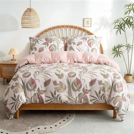 Housse de Couette Botanique 220x240 Rose Feuille Tropicale Motif Parure de Lit Doux Microfibre 80 Fils/cm² Linge de Lit 2 Personnes Adulte Fermeture Éclair 2 Taies d'oreiller 50x70 (1/5)