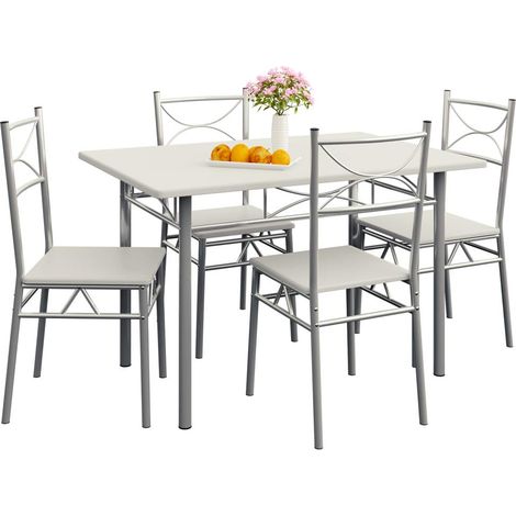 Ensemble table à manger et 4 chaises en métal thermolaqué, 5 pièces, plateau MDF (1/5)
