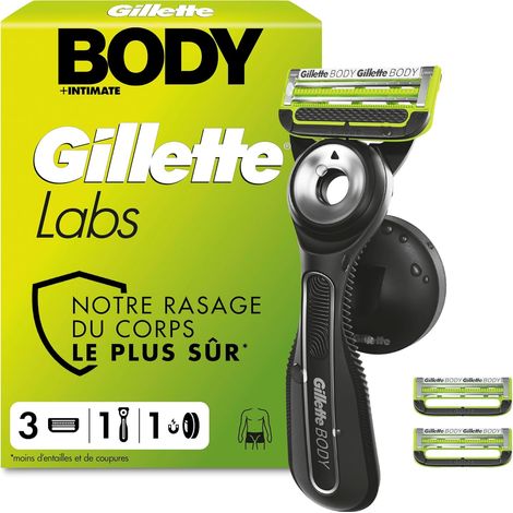 Labs Body + Intimate Rasoir Intime Homme, 3 Cartouches, Noir - Conçu pour le Rasage du Corps et du Pubis, Lames avec une Barre Anti-Poils Incarnés et Irritation, Manche Facile à Gripper (1/5)